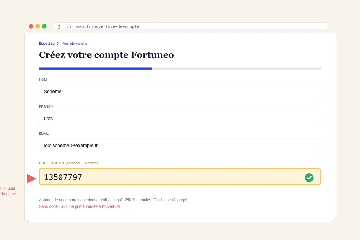 Capture d'écran du formulaire d'ouverture Fortuneo montrant où saisir le code parrainage 13507797 dans le champ code parrain